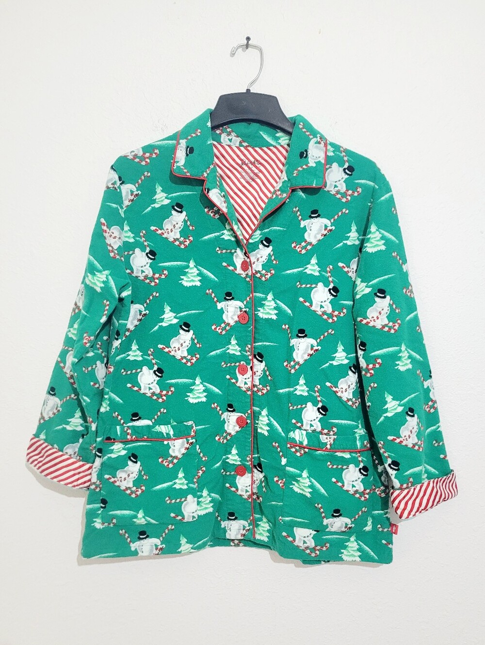 Nick & Nora Holiday Pajama Set XXL Green Snowman Candy Cane 100% Cotton Unisex - Picture 2 of 10